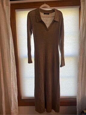 Collared Brown Ribbed Maxi Dress
